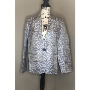 NEW Appleseeds Blazer Womens 10 Blue White Suit Jacket Geometric Woven‎